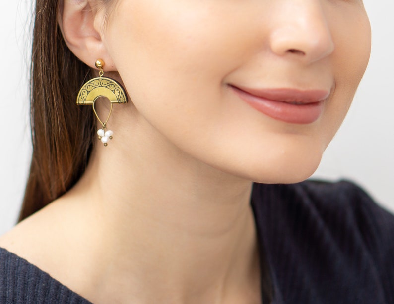 Small Brass Pearl Earrings, Stylish Gold Earrings, Boho Earrings, Half Moon Shaped Earrings, Carved Brass Earrings image 4