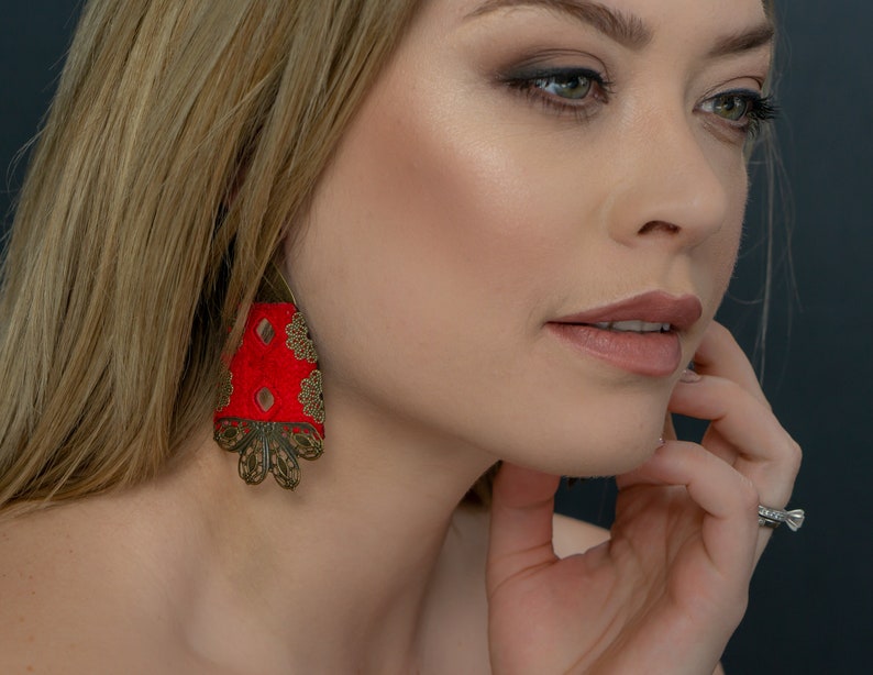 Red Bohemian Embroidered Brass Earrings, Spring Earrings for Her, Blossom Earrings, Handmade Embroidered image 5