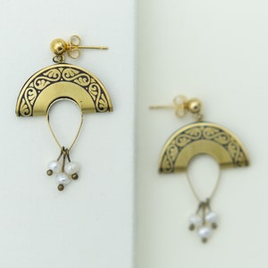 Small Brass Pearl Earrings, Stylish Gold Earrings, Boho Earrings, Half Moon Shaped Earrings, Carved Brass Earrings image 3