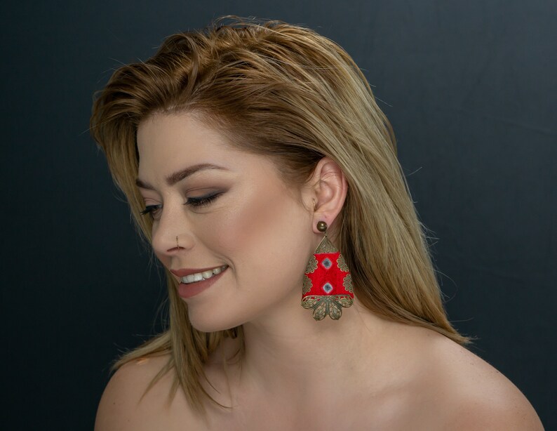 Red Bohemian Embroidered Brass Earrings, Spring Earrings for Her, Blossom Earrings, Handmade Embroidered image 1