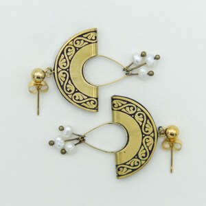 Small Brass Pearl Earrings, Stylish Gold Earrings, Boho Earrings, Half Moon Shaped Earrings, Carved Brass Earrings image 5