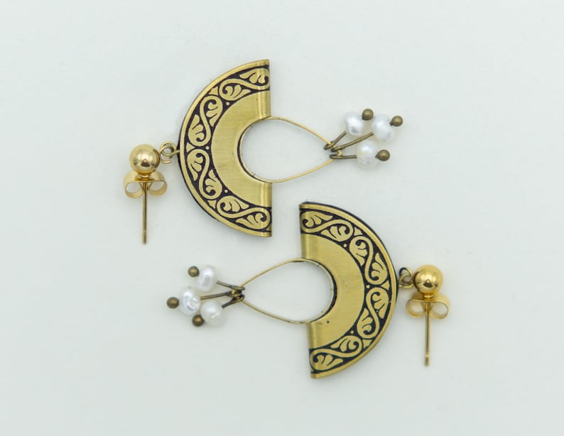 Small Brass Pearl Earrings, Stylish Gold Earrings, Boho Earrings, Half Moon Shaped Earrings, Carved Brass Earrings image 5