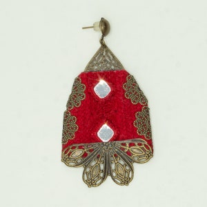 Red Bohemian Embroidered Brass Earrings, Spring Earrings for Her, Blossom Earrings, Handmade Embroidered image 4