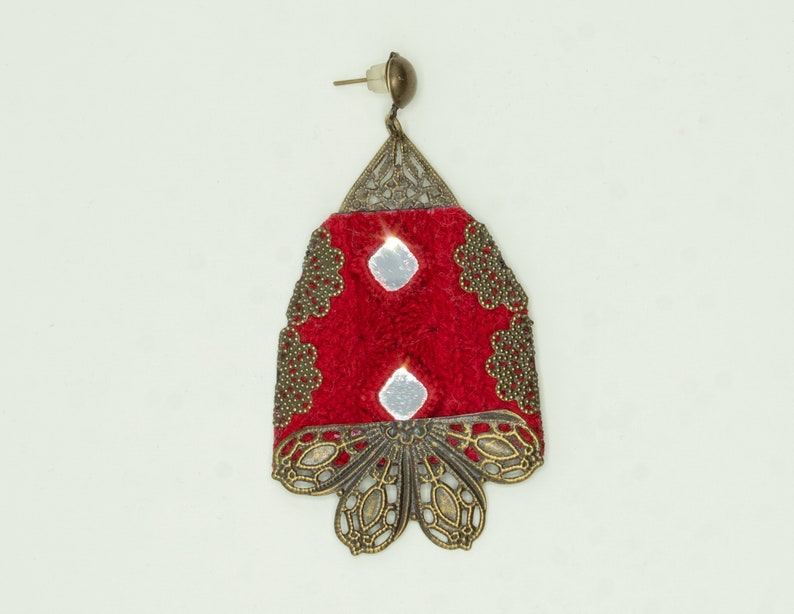 Red Bohemian Embroidered Brass Earrings, Spring Earrings for Her, Blossom Earrings, Handmade Embroidered image 4