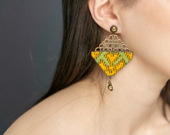 Geometric Handmade Embroidered Earrings, Triangle Shape Drop Earrings, Lightweight Spring/Summer Earrings, Green and Yellow Boho Earrings