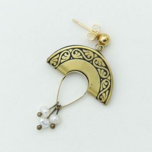 Small Brass Pearl Earrings, Stylish Gold Earrings, Boho Earrings, Half Moon Shaped Earrings, Carved Brass Earrings image 7