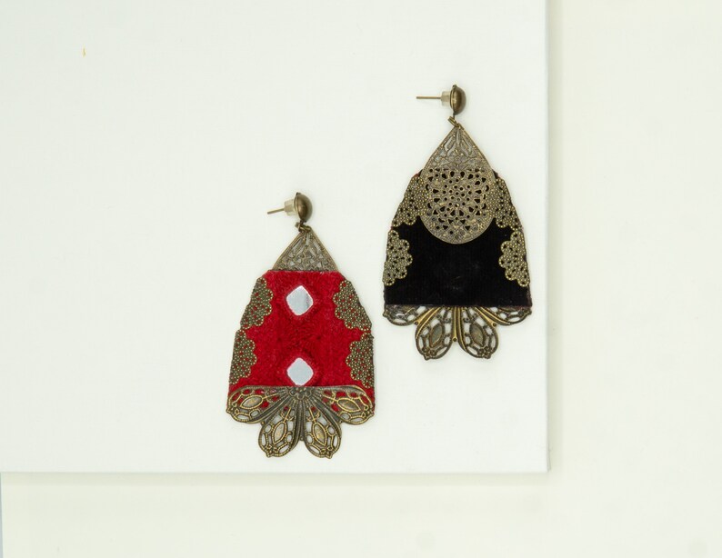 Red Bohemian Embroidered Brass Earrings, Spring Earrings for Her, Blossom Earrings, Handmade Embroidered image 8