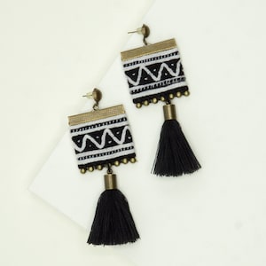 Embroidered Black and White Dangle Drop Earrings, Square Earrings, Casual Earrings for Her, Beach Wedding Earrings image 1