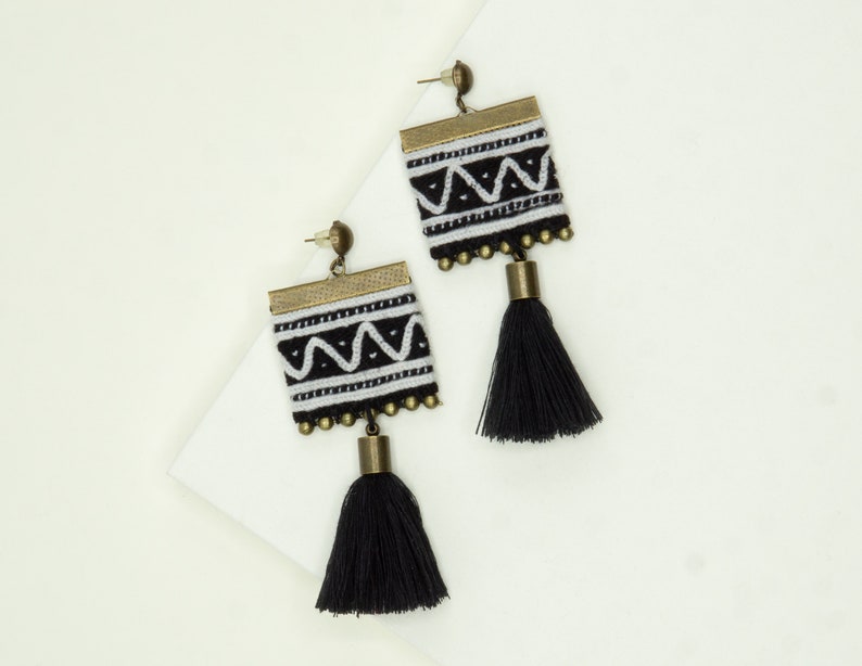 Embroidered Black and White Dangle Drop Earrings, Square Earrings, Casual Earrings for Her, Beach Wedding Earrings image 1