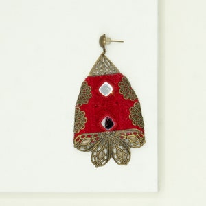 Red Bohemian Embroidered Brass Earrings, Spring Earrings for Her, Blossom Earrings, Handmade Embroidered image 2