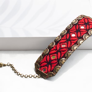 Red Fabric Cuff Bracelet, Embroidered Bracelet, Handmade Embroidery Bracelet, Valentine’s Jewelry, Red Fabric Bracelet