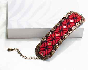 Red Fabric Cuff Bracelet, Embroidered Bracelet, Handmade Embroidery Bracelet, Valentine’s Jewelry, Red Fabric Bracelet