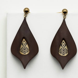 Leaf Shaped Earrings, Eastern Style Jewelry, Boho Earrings, Carved Brass Earrings, Light Brown Minimalist Earrings image 1