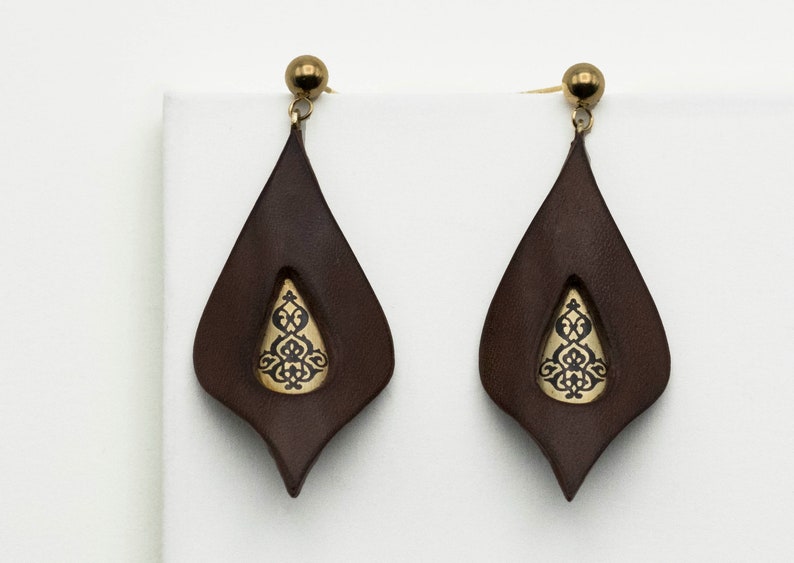 Leaf Shaped Earrings, Eastern Style Jewelry, Boho Earrings, Carved Brass Earrings, Light Brown Minimalist Earrings image 1