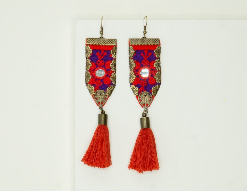 Needlework Floral with Red Tassel Earrings, Boho Wedding, Bridesmaid Gift, Classic Earrings, Stylish image 2