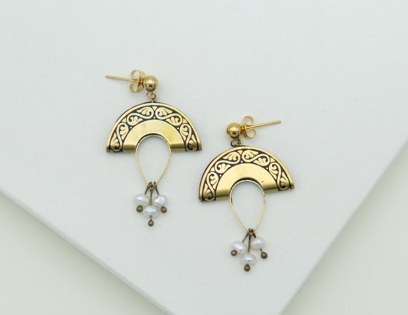 Small Brass Pearl Earrings, Stylish Gold Earrings, Boho Earrings, Half Moon Shaped Earrings, Carved Brass Earrings image 1