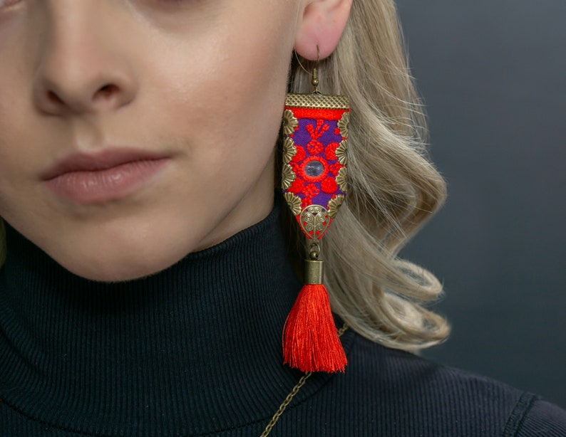 Needlework Floral with Red Tassel Earrings, Boho Wedding, Bridesmaid Gift, Classic Earrings, Stylish image 4