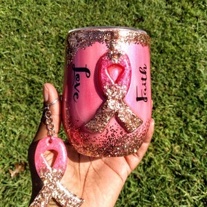 Breast cancer tumbler/glitter tumbler/pink and gold wine tumbler/3D tumbler/drip tumbler/tumbler with straw/stainless steel wine tumbler