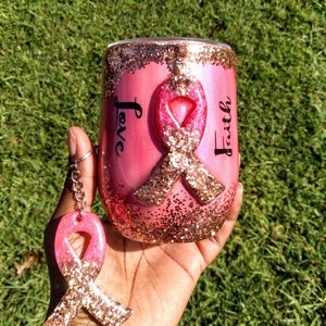 Breast cancer tumbler/pink and gold glitter tumbler/drip tumbler/tumbler with straw/stainless steel wine tumbler/3D glitter tumbler/epoxy