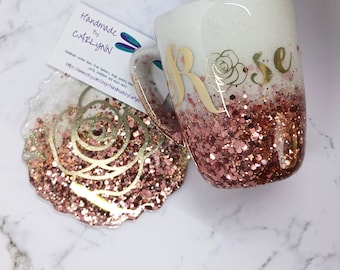 Handmade Glitter Coffee Mug: Rose Gold and white Epoxy Cup with Coaster