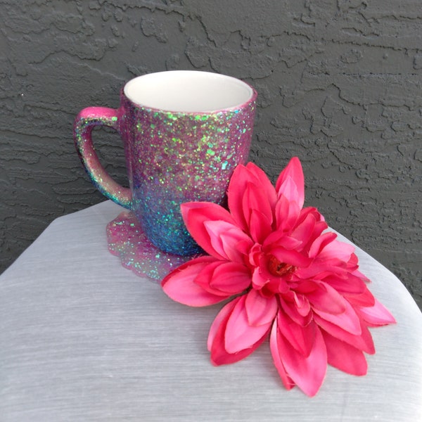 Glitter coffee mug/unicorn glitter coffee cup/pink and teal glitter coffee mug/pink and blue coffee mug/mermaid coffee cup/epoxy coffee cup