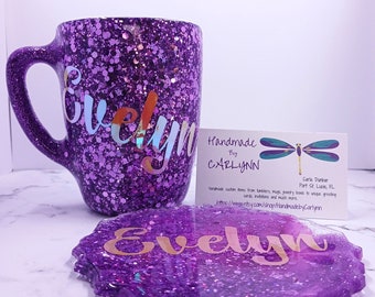 Lavender Glitter Coffee Mug: Personalized Epoxy Cup with Coaster, Color customizable