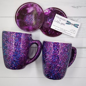 Taza de café con purpurina brillante: taza de café de resina morada, hecha a mano, personalizable