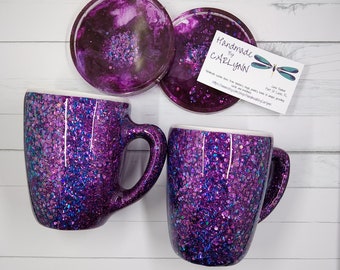 Sparkly Glitter Coffee Mug: Purple Resin Coffee Cup, Handmade, Customizable