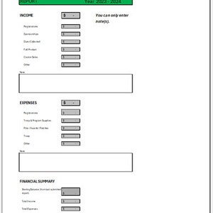 May include: A black and white financial report template for the year 2023-2024. The template includes sections for income, expenses, and a financial summary. The document instructs users to only enter notes in the designated areas.