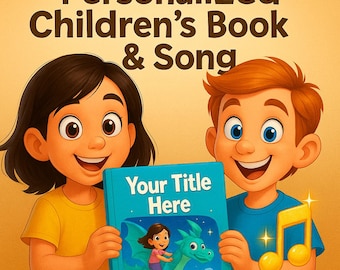 Puede incluir: Ilustración de dos niños sonriendo sosteniendo un libro infantil personalizado con el texto "Your Title Here". La portada del libro presenta a una niña montada en un dragón. También hay una nota musical.