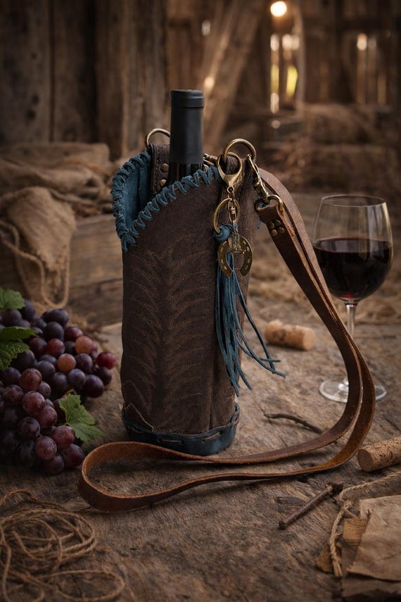 Western Leather Wine Tote – Repurposed Cowboy Boot Wine Carrier – Rustic Handmade Wine Bag – Horse Charm Tassel – Unique Gift for Wine Lover