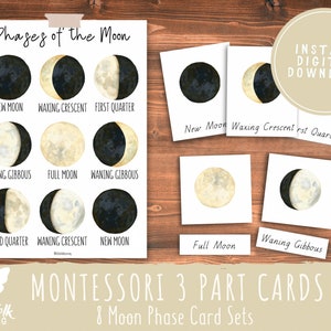 Fases lunares Montessori Tarjetas de 3 partes // Preescolar imprimible // Actividad preescolar // Montessori // Actividad de aprendizaje para niños pequeños