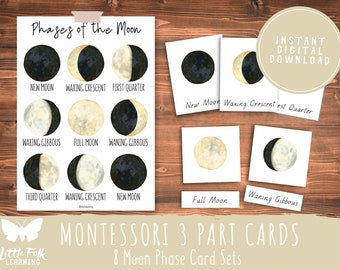 Moon Phases Montessori 3 Part Cards // Preschool Printable // Preschool Activity // Montessori // Toddler Learning Activity