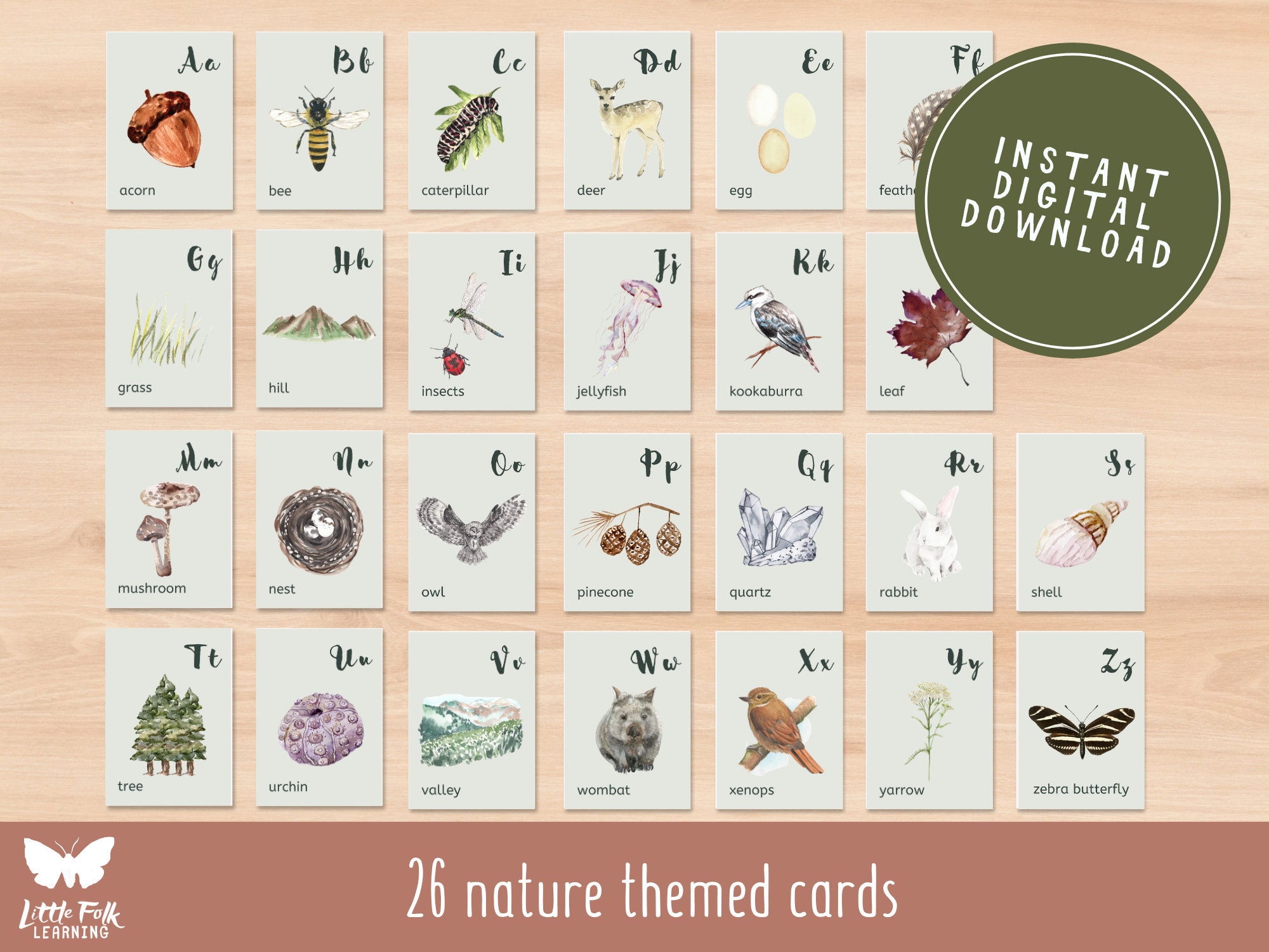 nature alphabet cards montessori printable alphabet flash etsy