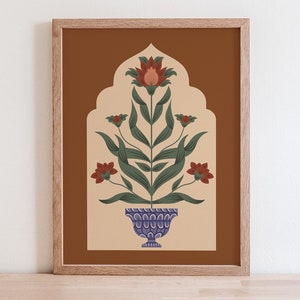 Mughal Floral Arch Art Print, Terracotta Botanical Vase Wall Decor, Indian Pakistani Folk Art Illustration, Blue Pottery Inspired Artwork