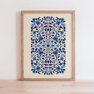 Puede incluir: Impresión artística enmarcada con un diseño floral simétrico en tonos azules sobre un fondo crema. La obra de arte se presenta en un marco de madera marrón claro, ideal para la decoración de paredes. Medidas en centímetros.