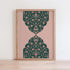Mughal Floral Arch Art Print, Green and Blush Botanical Illustration (Digital Download)