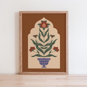 Konsttryck med Mughal-blommor i bågform, blå keramikvas (digital nedladdning)