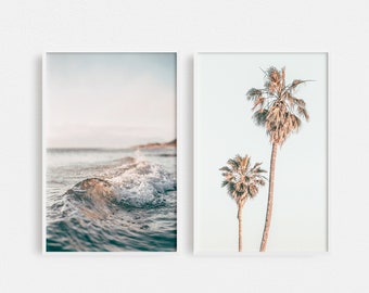 Set of 2 Beach Photography Prints, Ocean Wave and Palms (Digital Download)