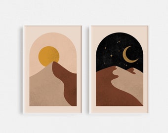 Sun and Moon Art Prints, Mid Century Modern, Boho Decor (Digital Download)