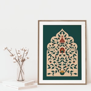 May include: A framed art print featuring an ornate floral design in a symmetrical arch shape. The artwork showcases a dark teal background with a beige arch filled with red and green floral patterns. The frame is a natural wood color.