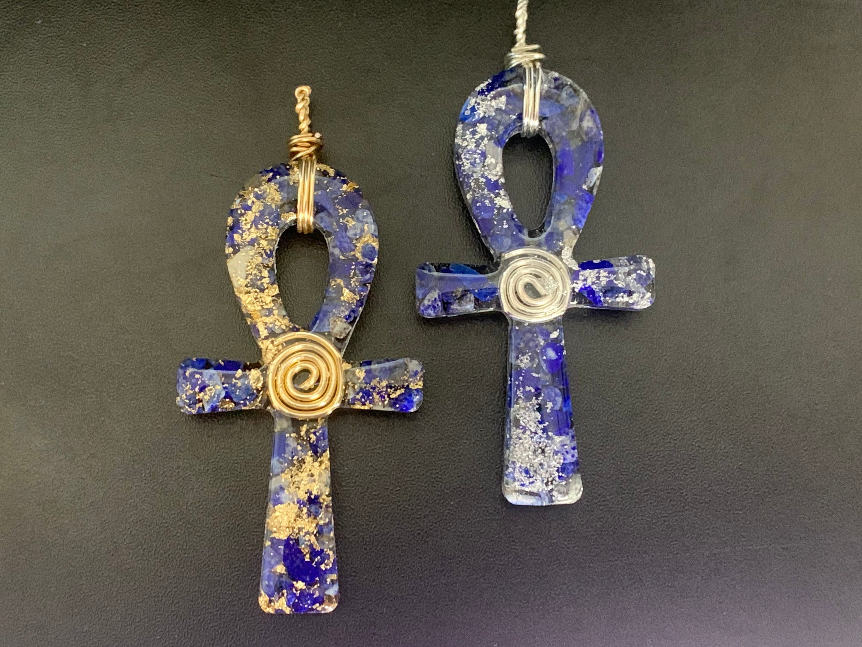 CUSTOM for (I AM SOL) Lapis Lazuli Ankh Pendant 3.75inch with black onyx and lapis lazuli chip necklace (gold)