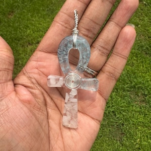 Zodiac/ Pisces Ankh Pendant/ Aquamarine/Rose Quartz