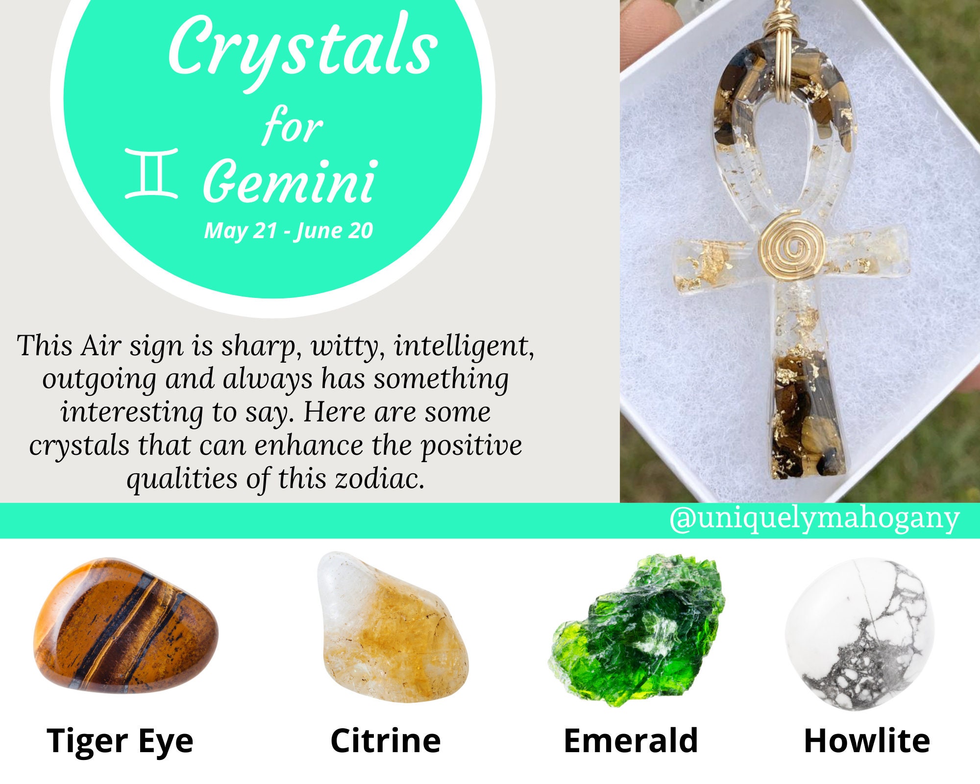 Zodiac/Gemini/Citrine & Tiger Eye Ankh Pendant