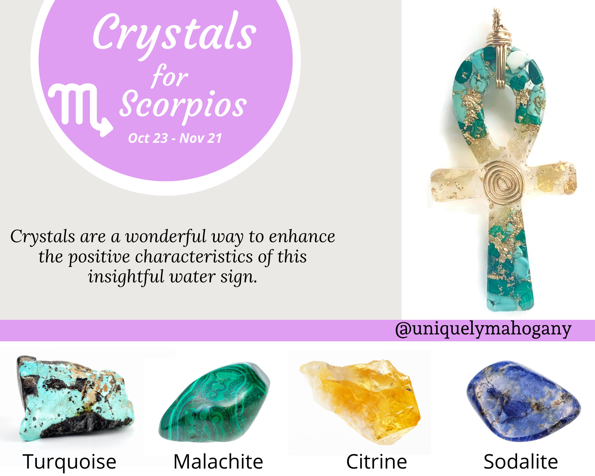 Zodiac/Scorpio Ankh Pendant/ Malachite/ Citrine/Turquoise