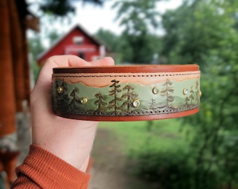 Sage Mountains and Pine Trees Leather Dog Collar - Handcrafted and custom made for large and small dogs.