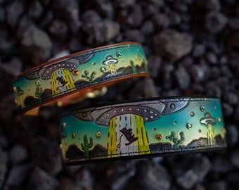 Alien Abduction tooled leather dog collar - Hand crafted and custom made for pets of all sizes.