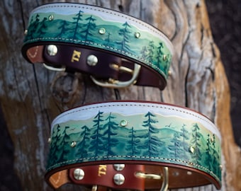 Gilded Pine Forest Leather Dog Collar - Handcrafted and custom made for large and small dogs.