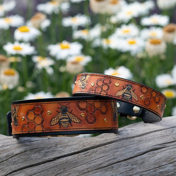 Honey Bee Leather Dog Collar - Ready To Ship!