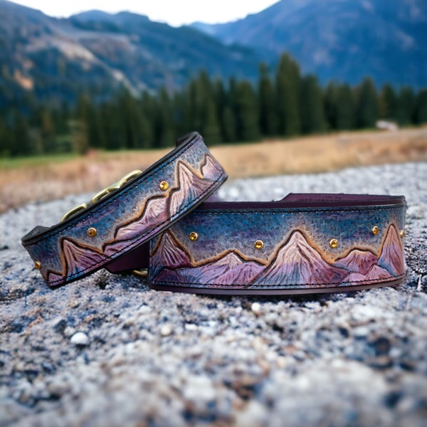 Purple Ridge Mountain Scene Dog Collar - Hand crafted and custom-made for pets of all sizes.